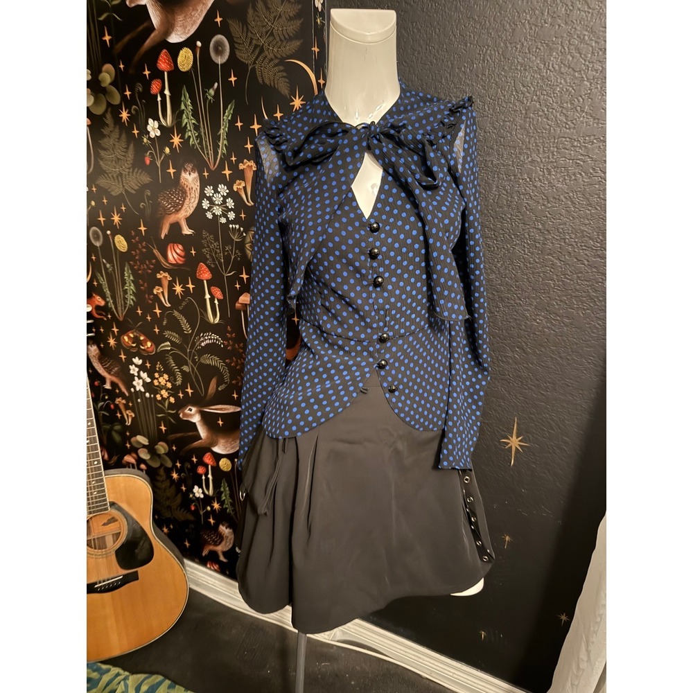 Blue Polka Dot Bow Blouse Long Sleeve Ruffle Button Front Top Flaw
